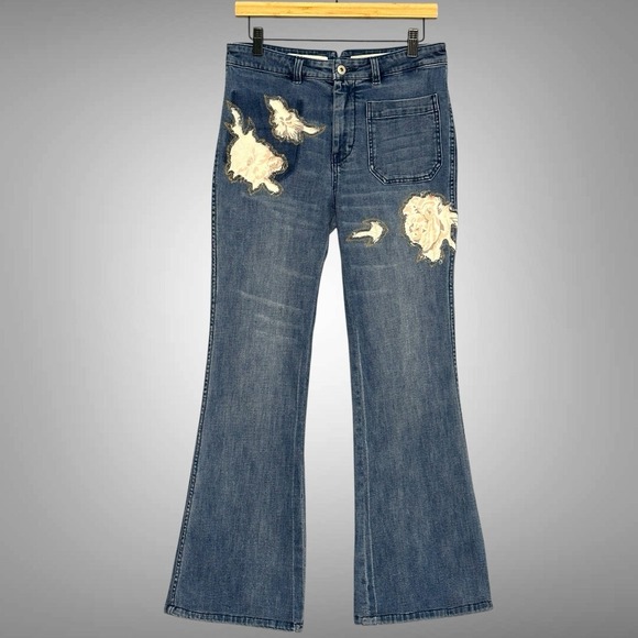Pilcro Anthropologie Womens Jeans 29P Applique Patch High Rise Trouser Bootcut - Picture 1 of 16